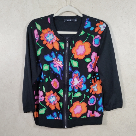 10175 Carlisle silk floral and black knit zip front...